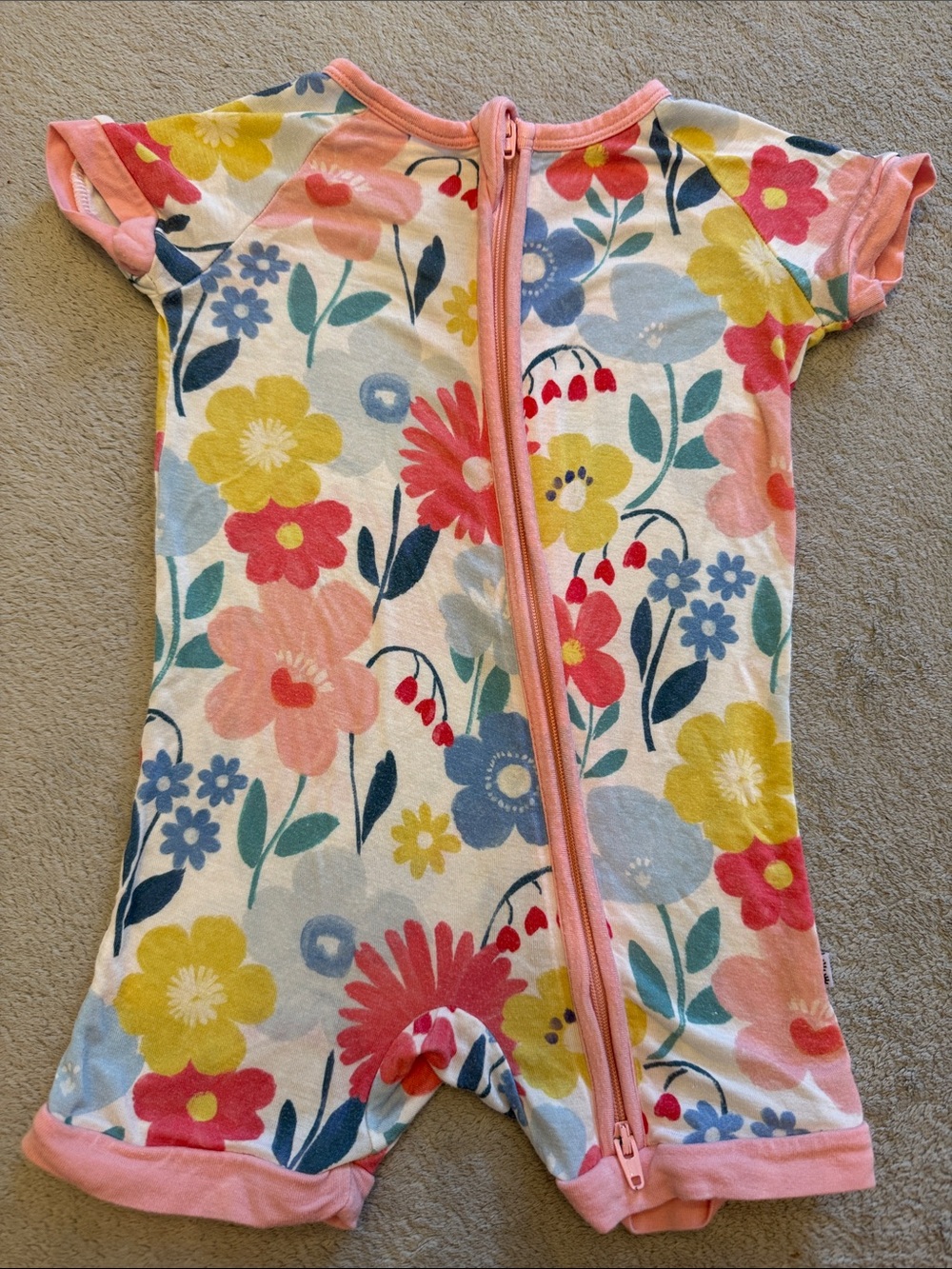 Floral Short-Sleeve Baby Romper - Pink Trim